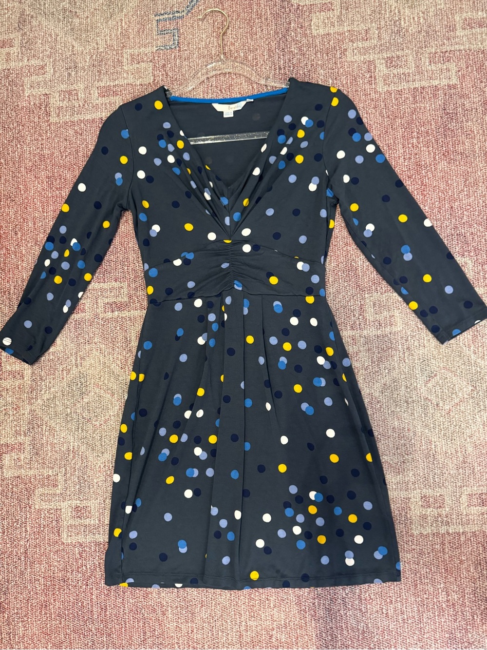 Boden Marion polka dot navy Jersey Tunic/ sheath v neck 3/4 sleeve mini dress 4